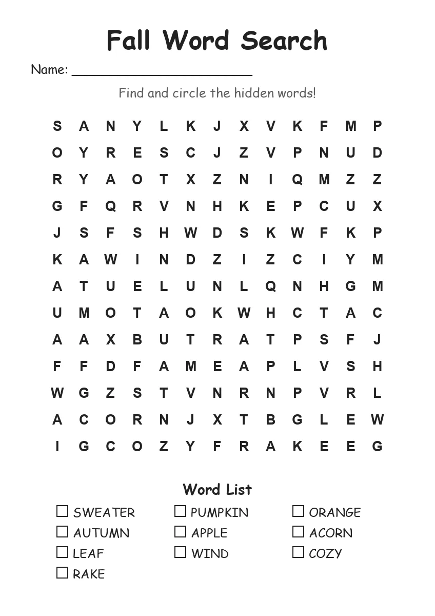 Fall word search worksheet for Grade 2