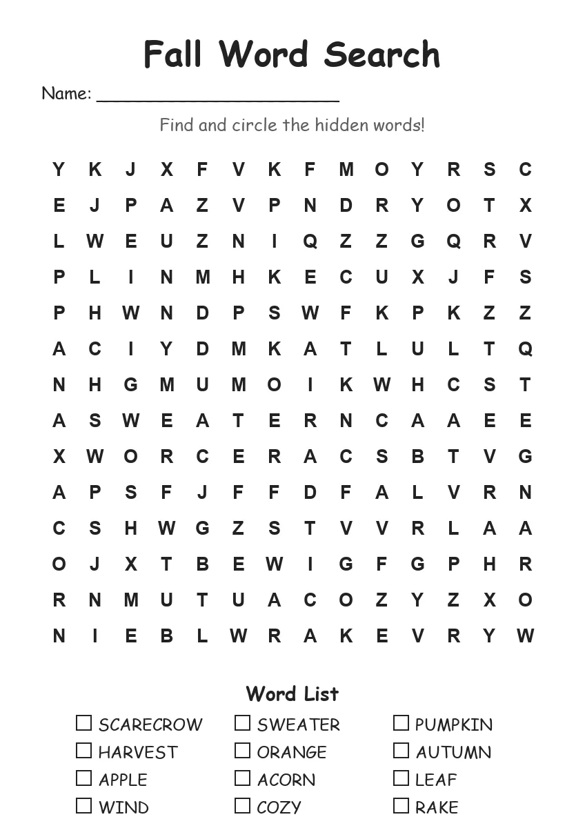 Fall word search worksheet for Grade 3