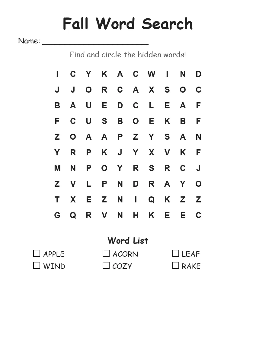 Fall word search worksheet for Kindergarten