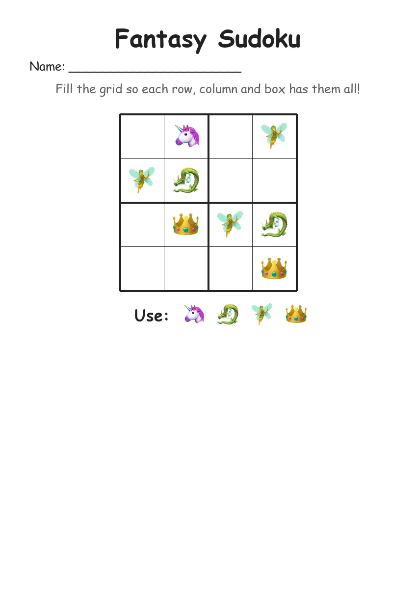 Fantasy Sudoku 4x4 (Kindergarten) worksheet for Kindergarten