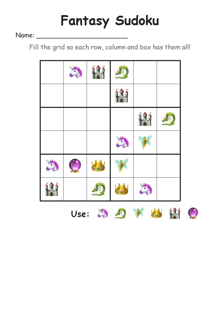 Fantasy Sudoku 6x6 (Grade 2) worksheet for Grade 2