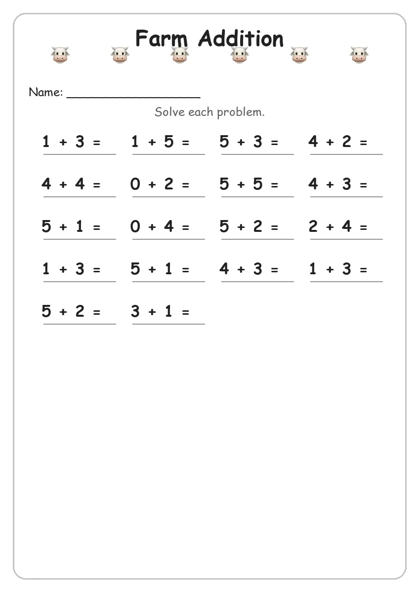 Farm addition worksheet for Kindergarten