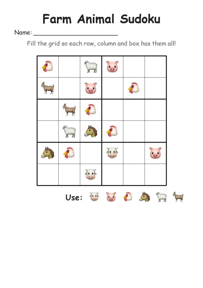 Farm Animal Sudoku 6x6 (Grade 2) worksheet for Grade 2