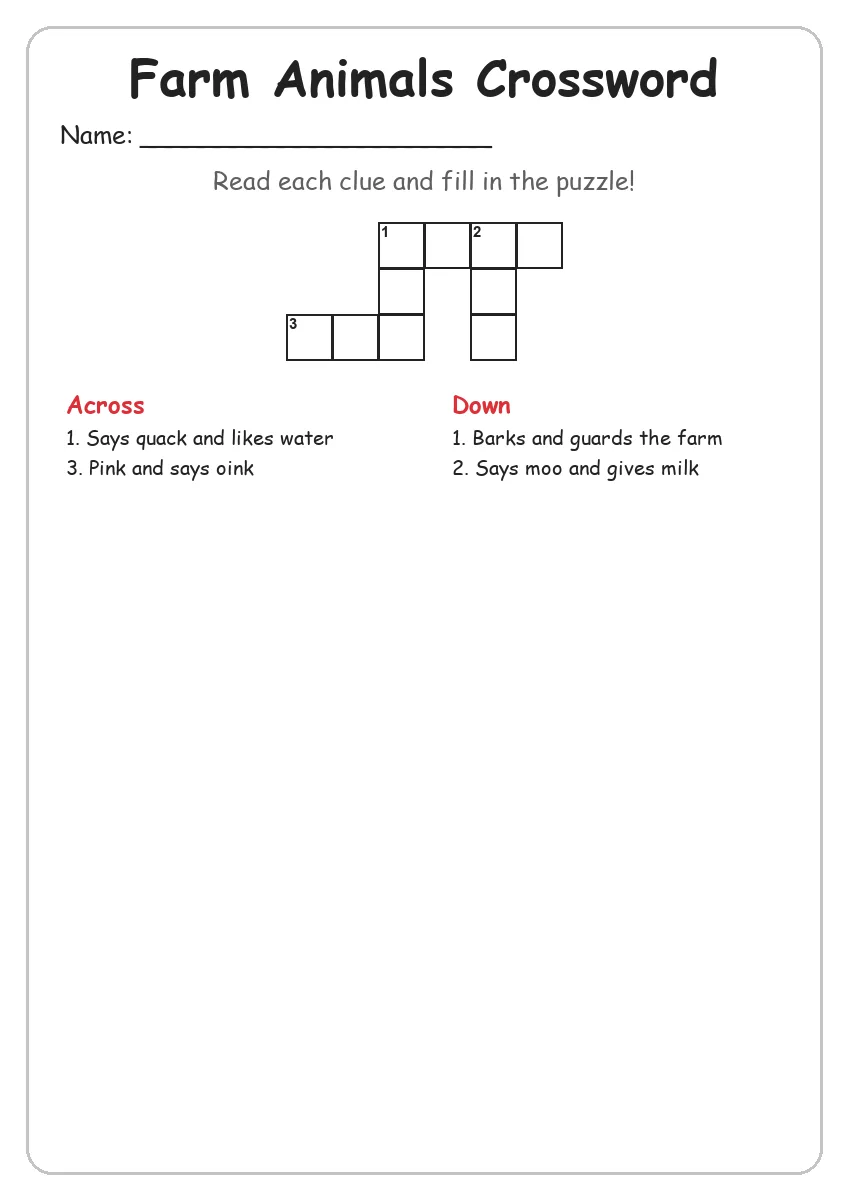 Farm Animals crossword worksheet for Grade 1