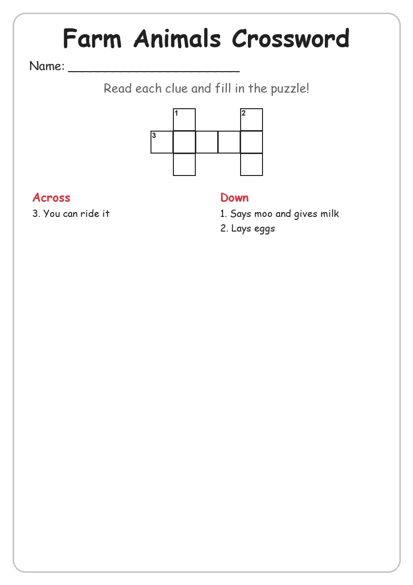 Farm Animals crossword worksheet for Grade 2