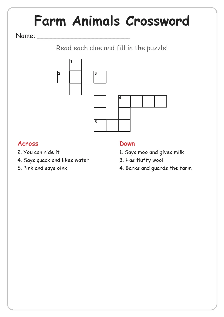 Farm Animals crossword worksheet for Grade 3