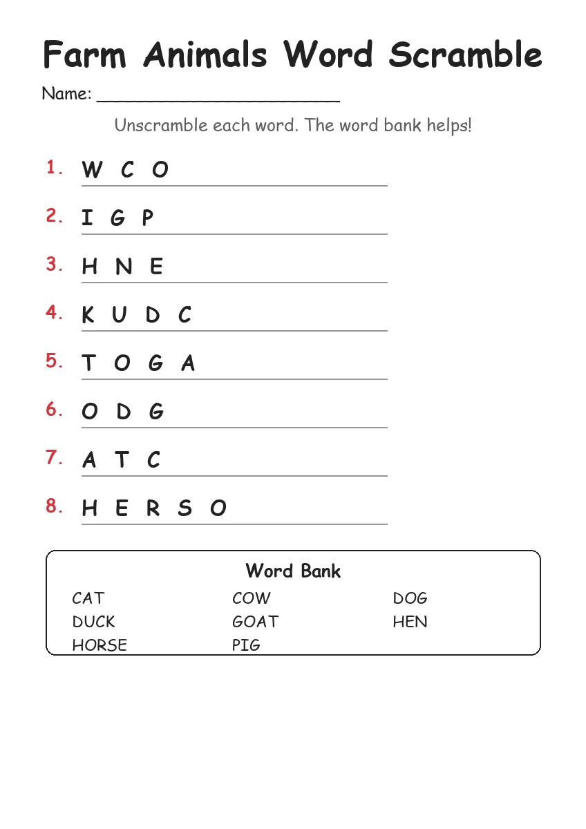 Farm Animals word scramble worksheet for Grade 1