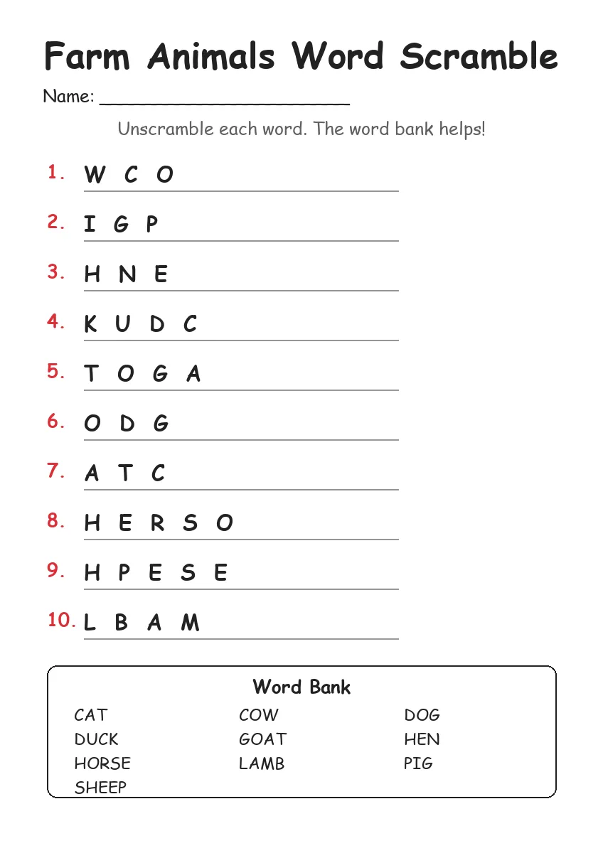 Farm Animals word scramble worksheet for Grade 3