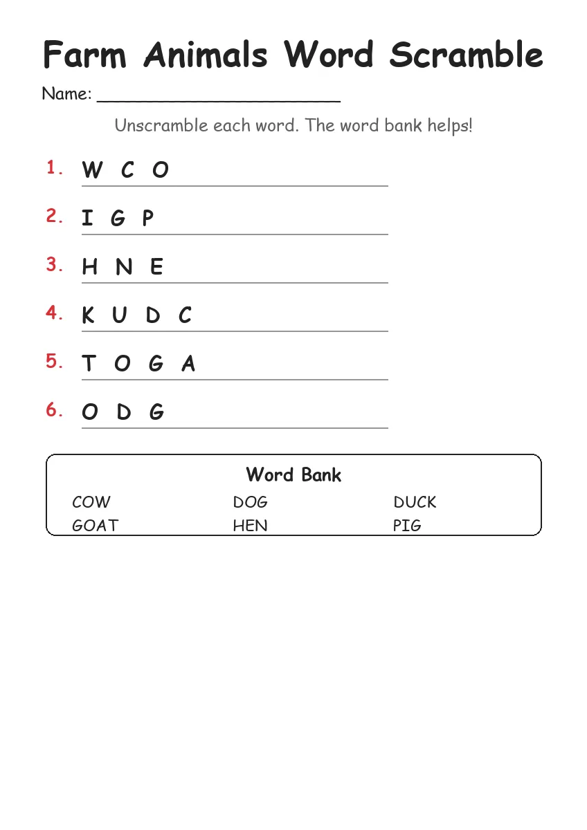 Farm Animals word scramble worksheet for Kindergarten
