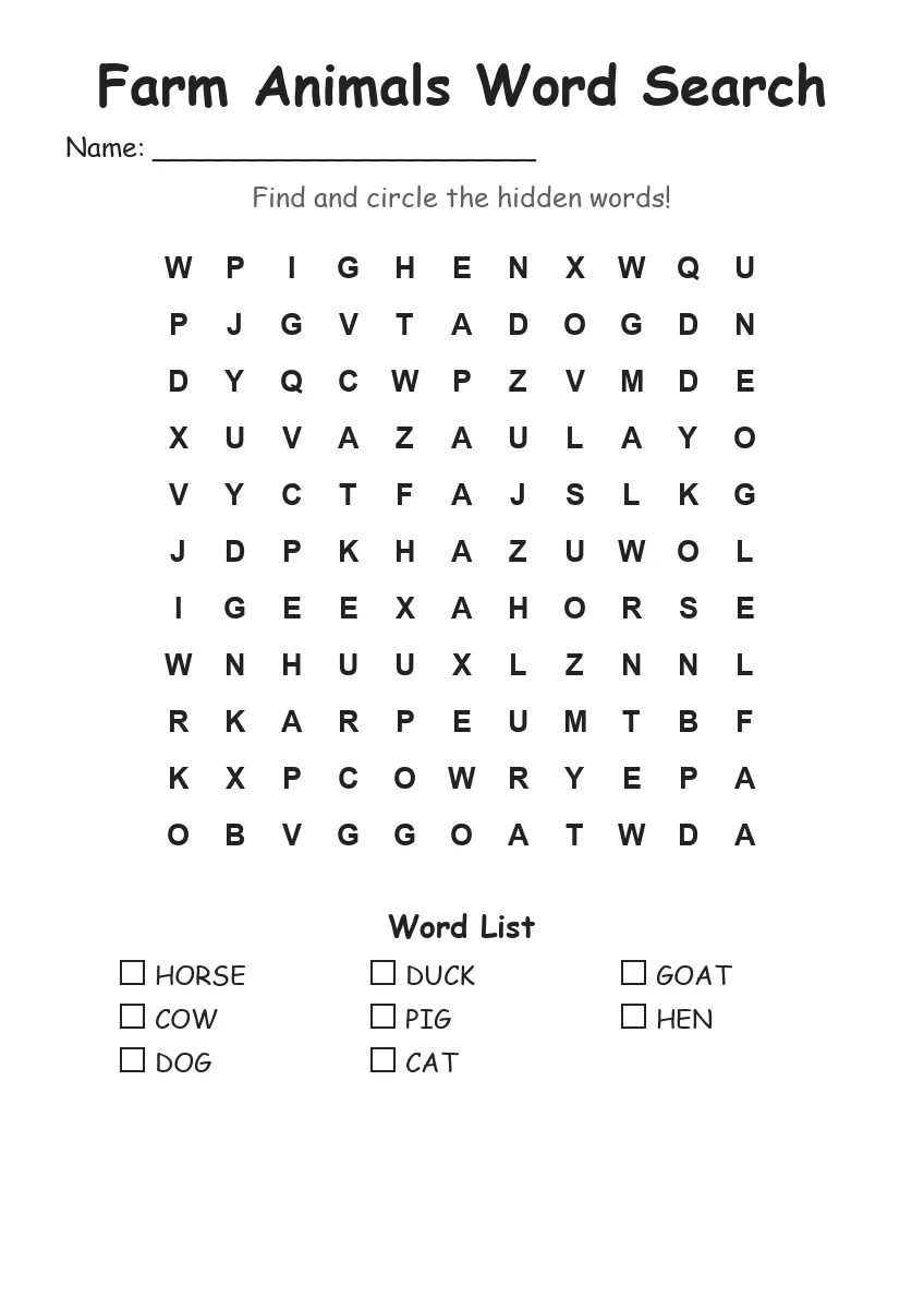 Farm Animals word search worksheet for Grade 1