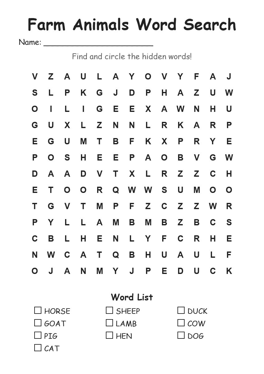 Farm Animals word search worksheet for Grade 2