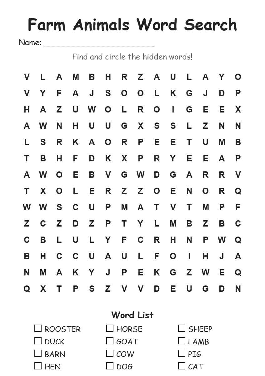Farm Animals word search worksheet for Grade 3