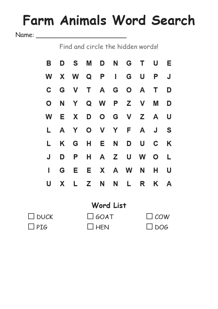 Farm Animals word search worksheet for Kindergarten