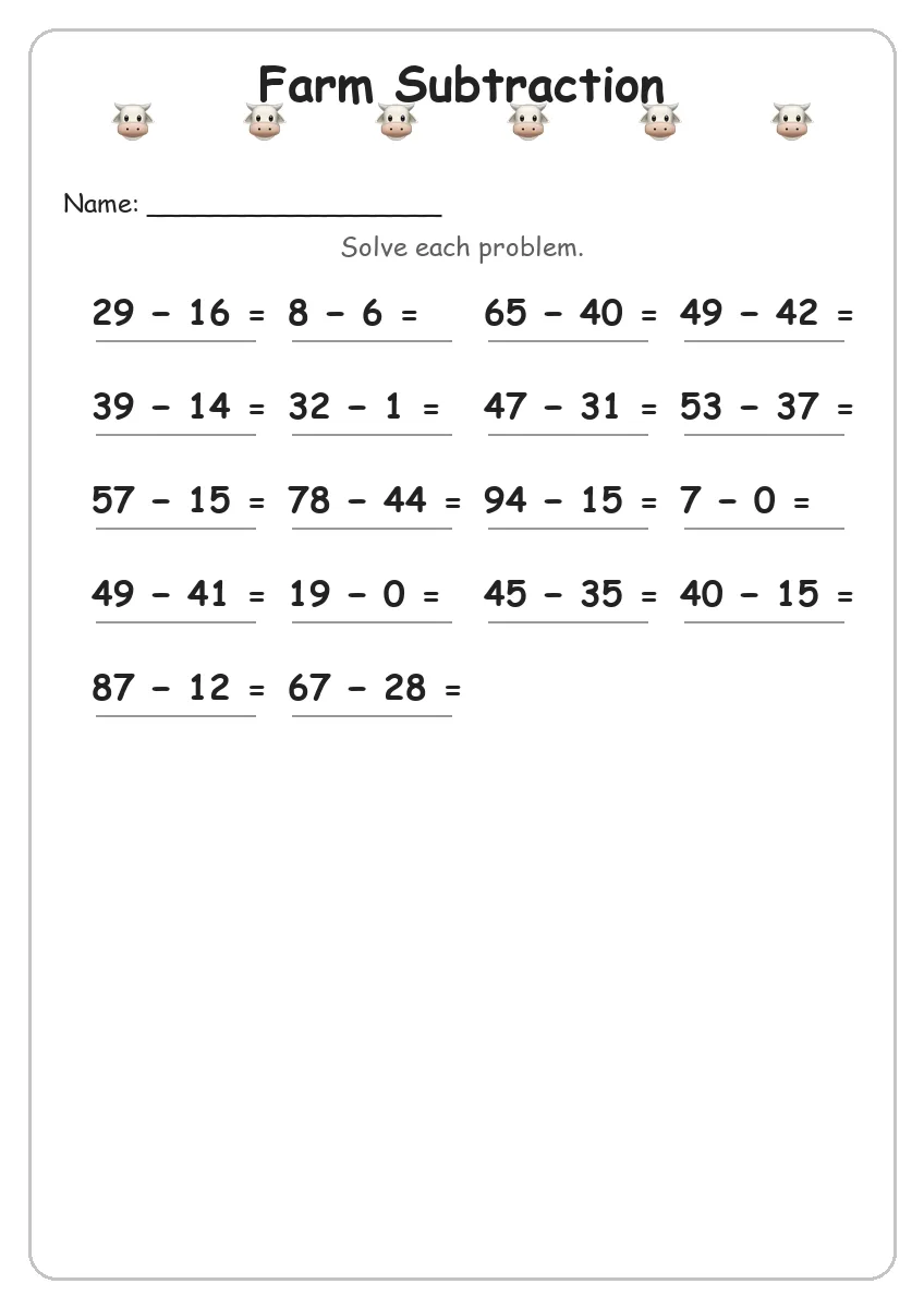 Farm subtraction worksheet for Grade 3