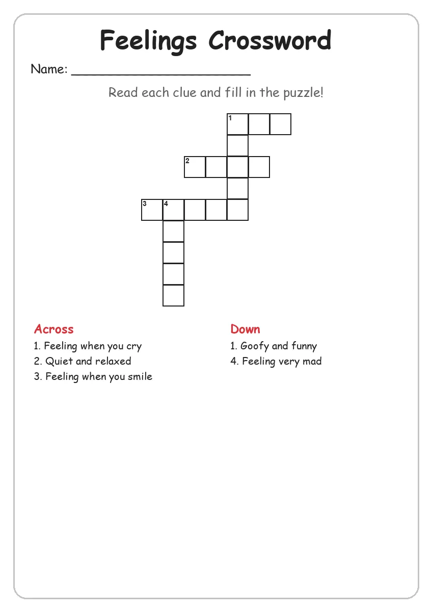 Feelings crossword worksheet for Grade 1