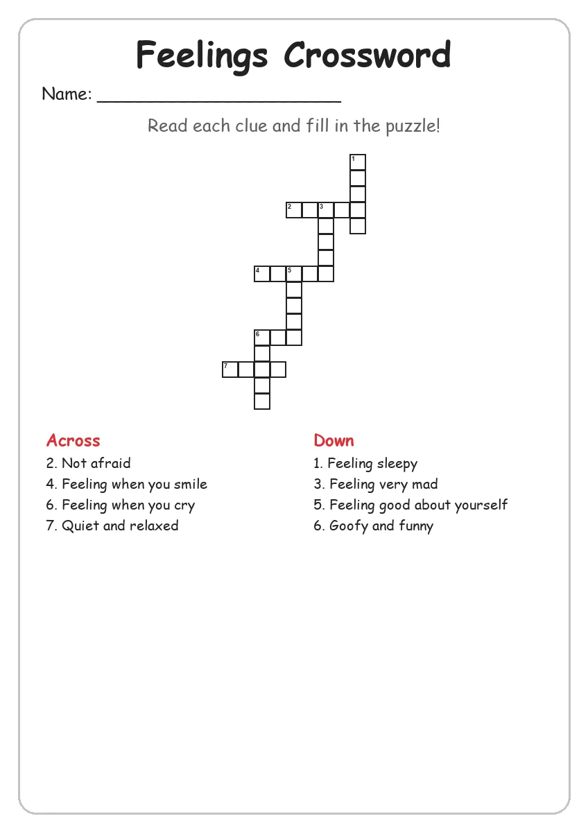 Feelings crossword worksheet for Grade 3
