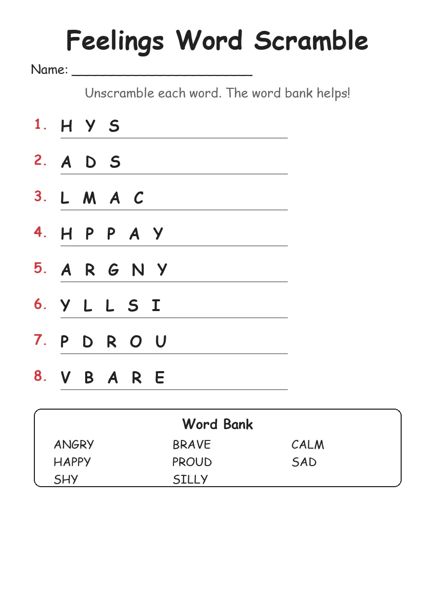 Feelings word scramble worksheet for Grade 1