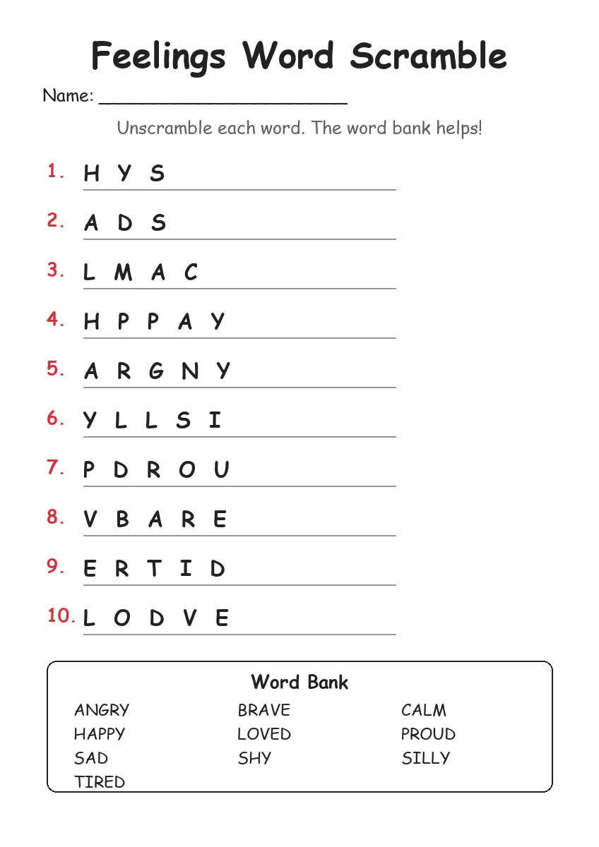 Feelings word scramble worksheet for Grade 2