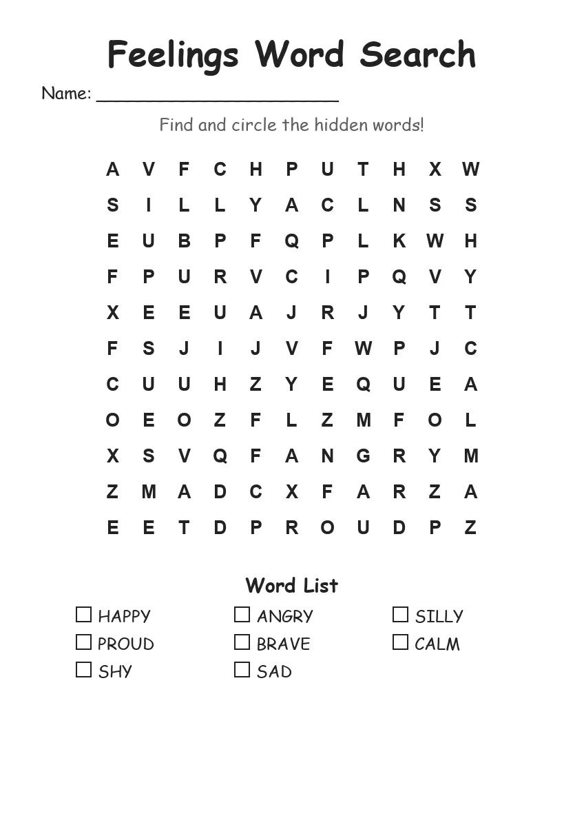 Feelings word search worksheet for Grade 1
