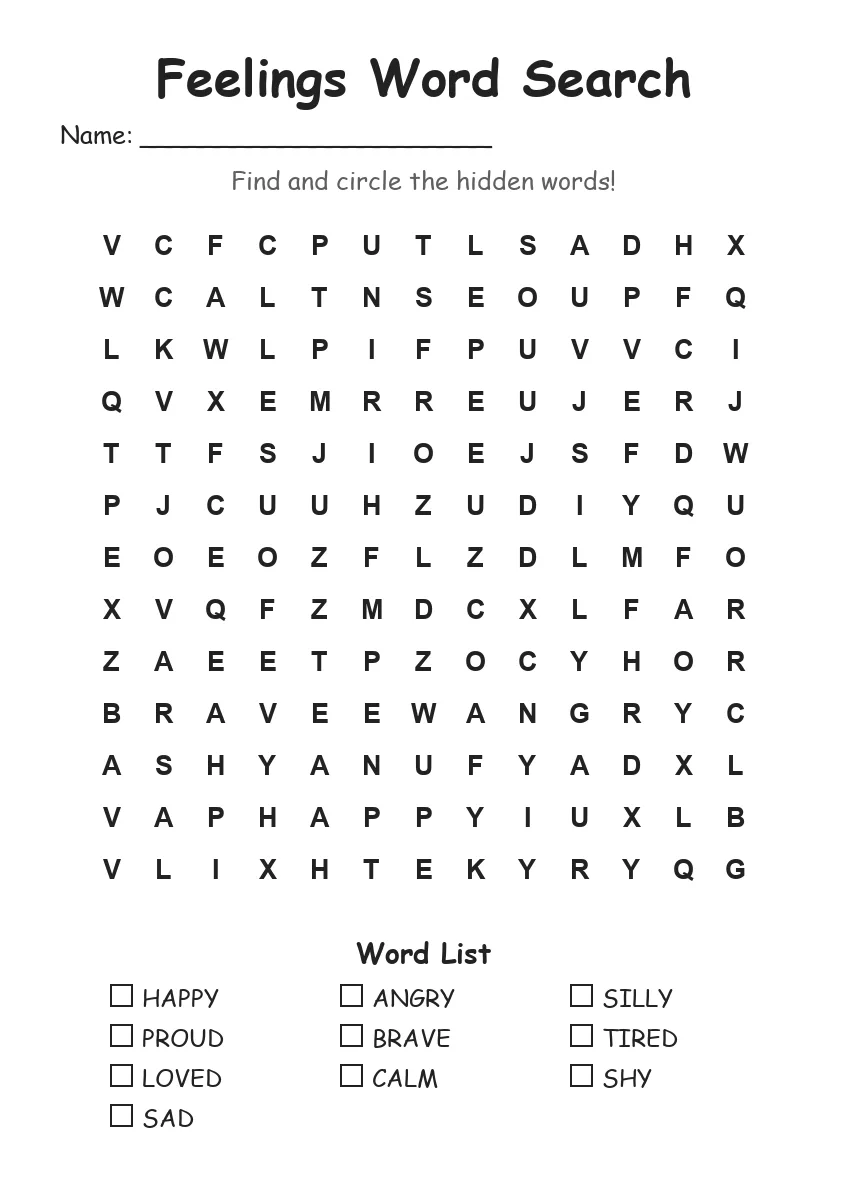 Feelings word search worksheet for Grade 2