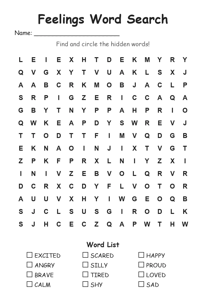 Feelings word search worksheet for Grade 3