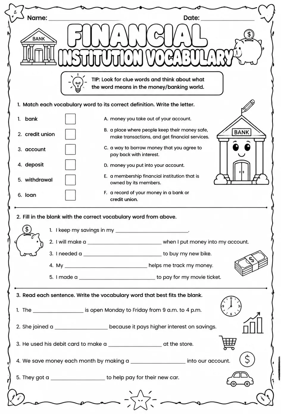 Financial institution vocabulary — free printable Grade 4 math worksheet