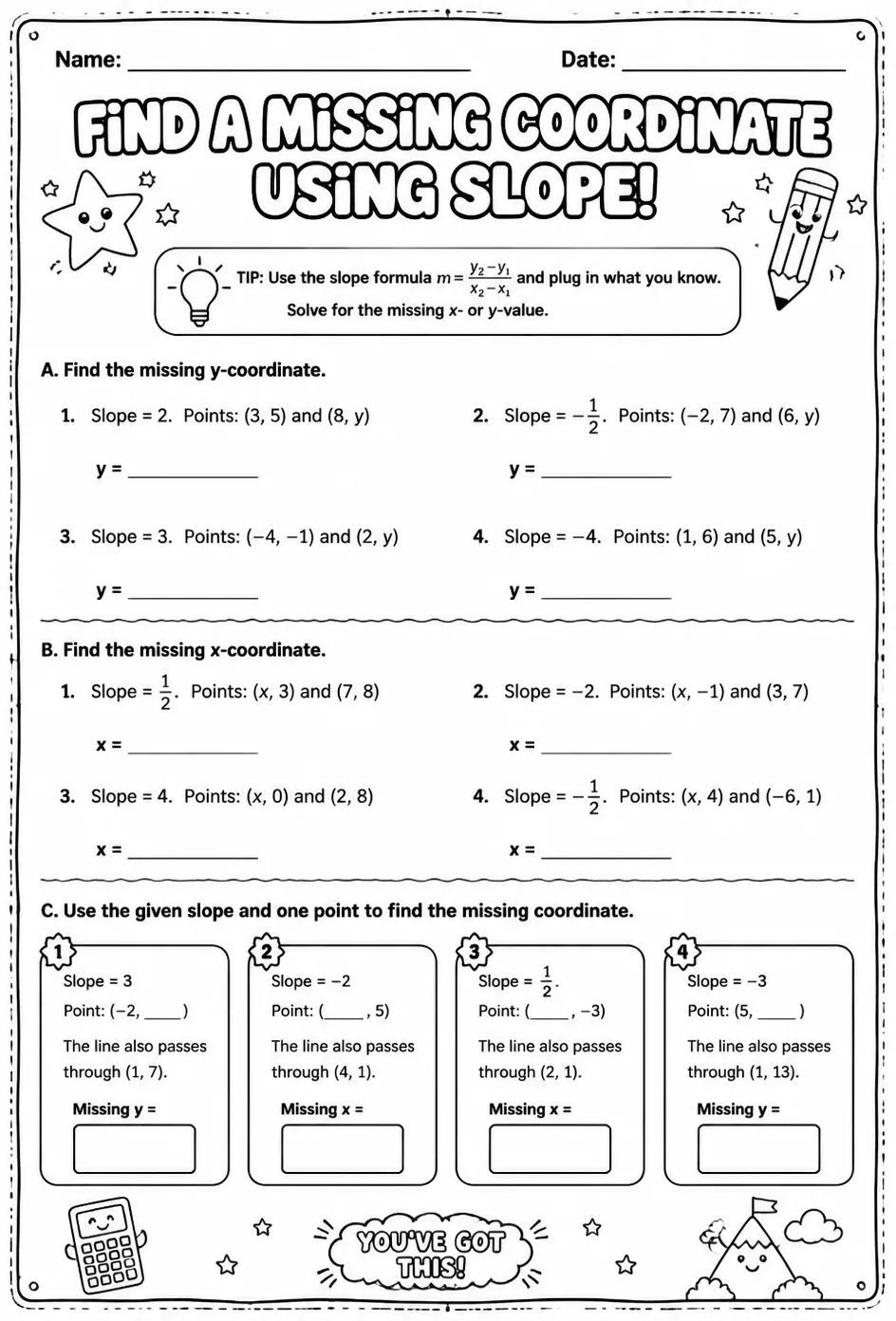 Find a missing coordinate using slope — free printable Grade 7 math worksheet