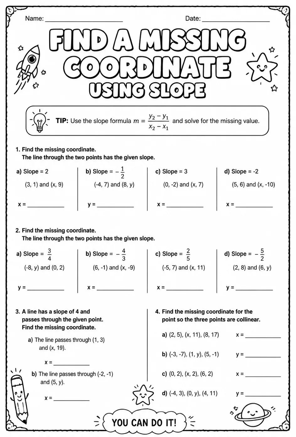 Find a missing coordinate using slope — free printable Grade 8 math worksheet