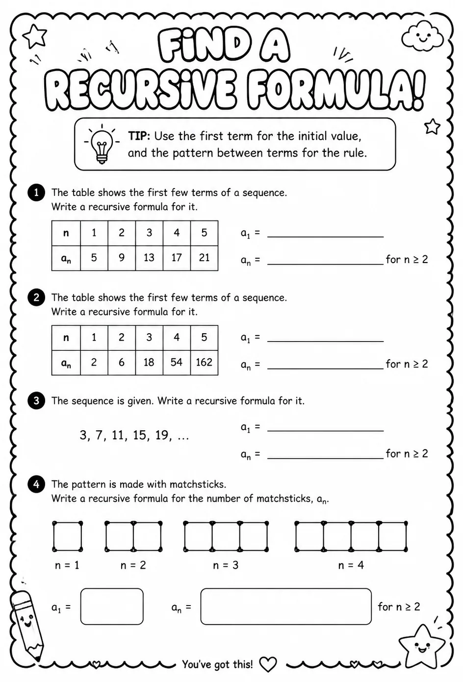 Find a recursive formula — free printable Precalculus math worksheet