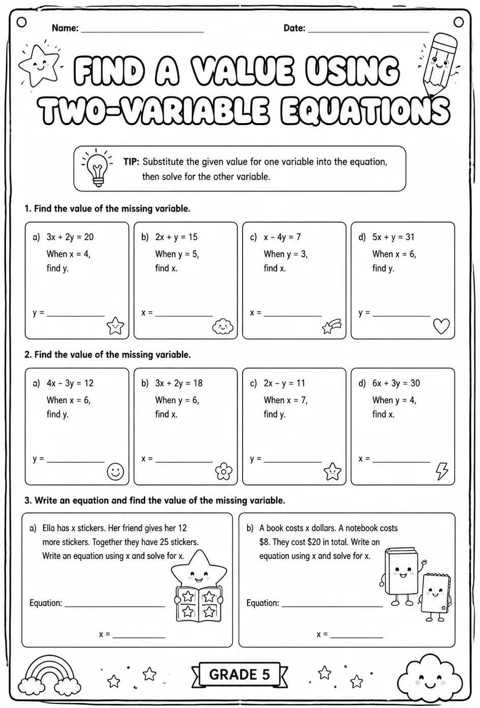 Find a value using two-variable equations — free printable Grade 5 math worksheet
