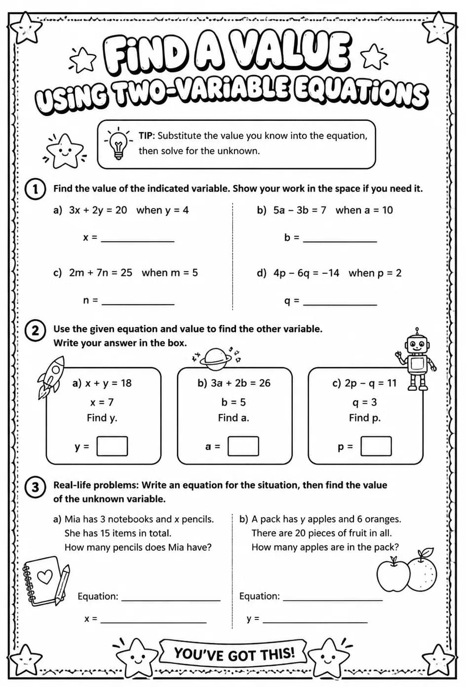 Find a value using two-variable equations — free printable Grade 6 math worksheet