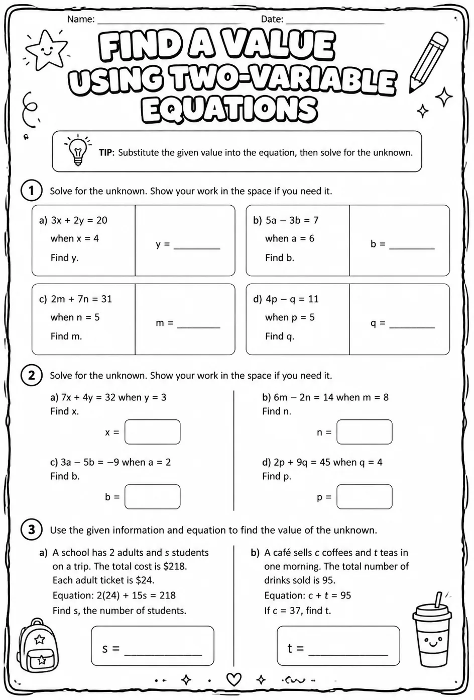 Find a value using two-variable equations — free printable Grade 7 math worksheet