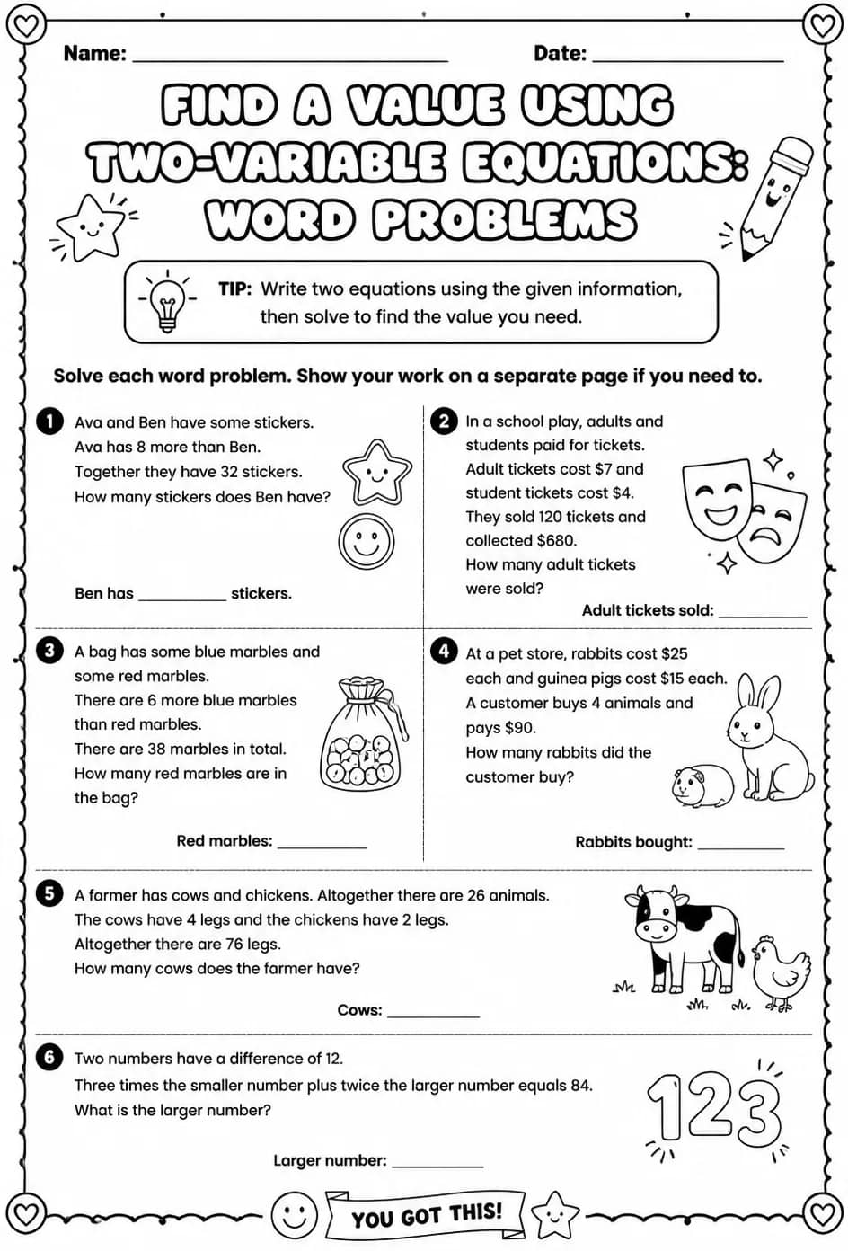 Find a value using two-variable equations: word problems — free printable Grade 6 math worksheet