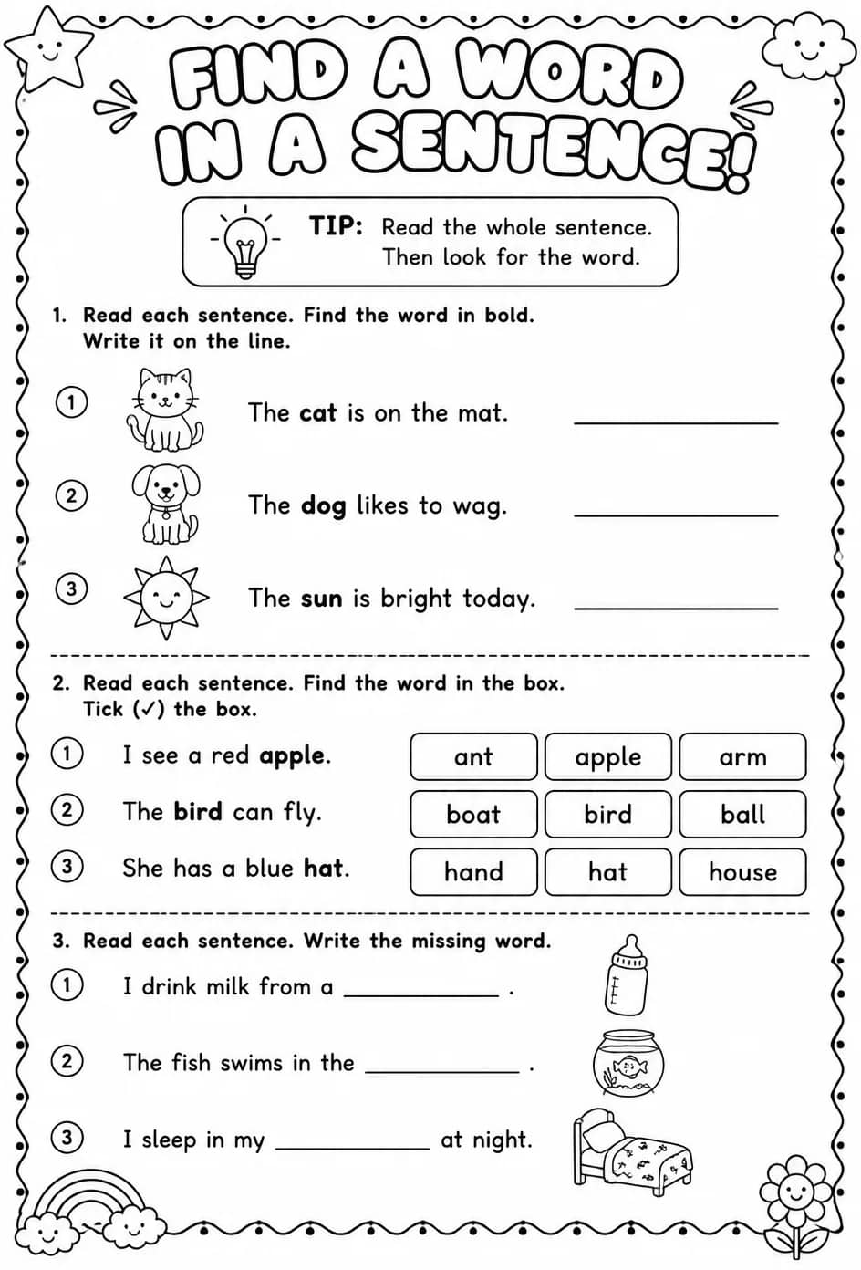 Find a word in a sentence — free printable Reading foundations English worksheet