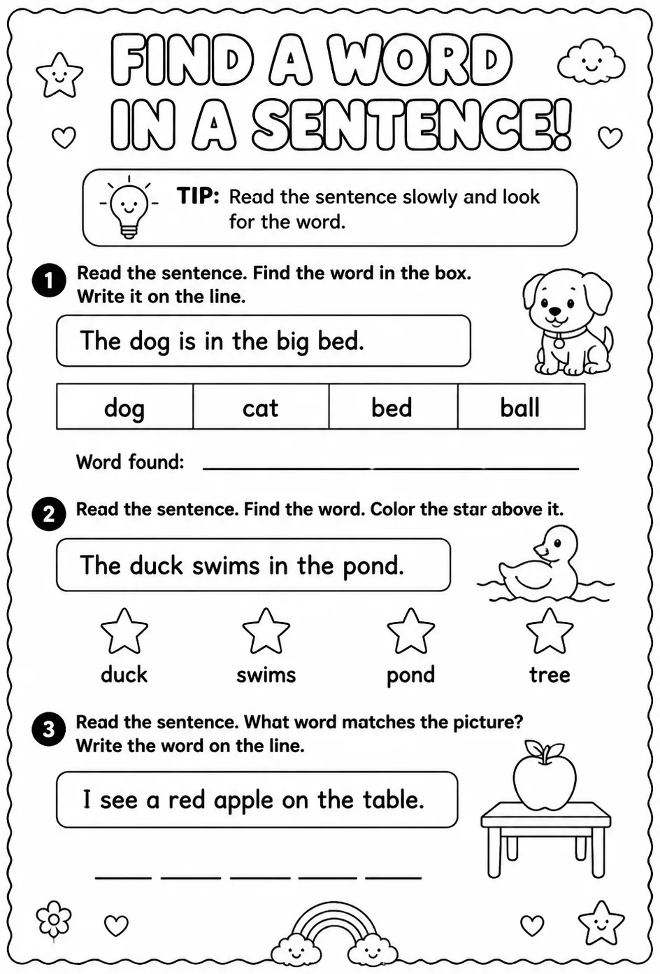 Find a word in a sentence — free printable Pre-K English & Reading worksheet