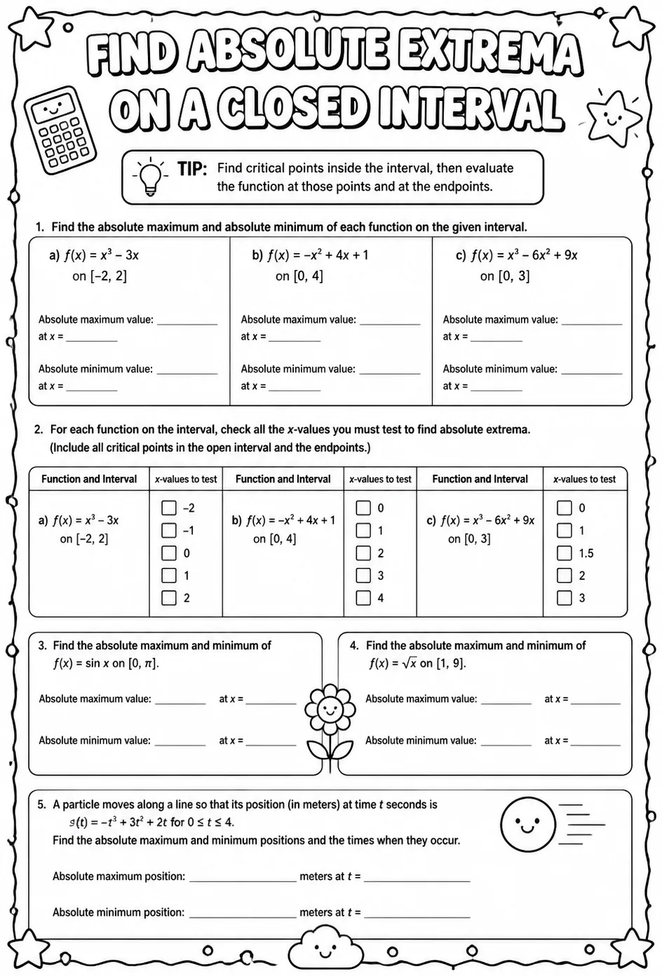 Find absolute extrema on a closed interval — free printable Calculus math worksheet