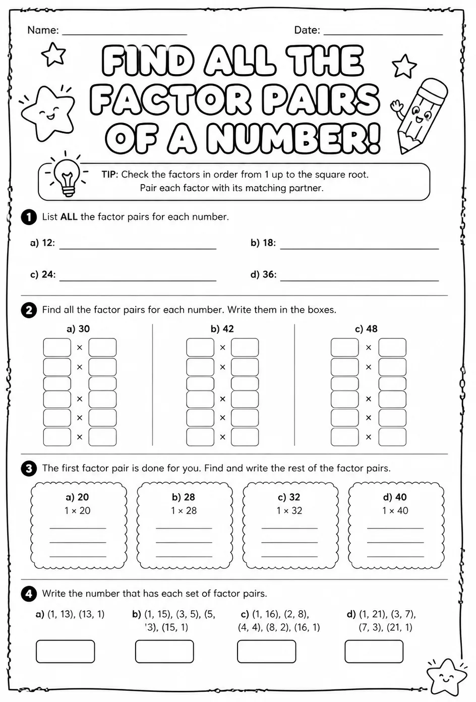 Find all the factor pairs of a number — free printable Grade 4 math worksheet