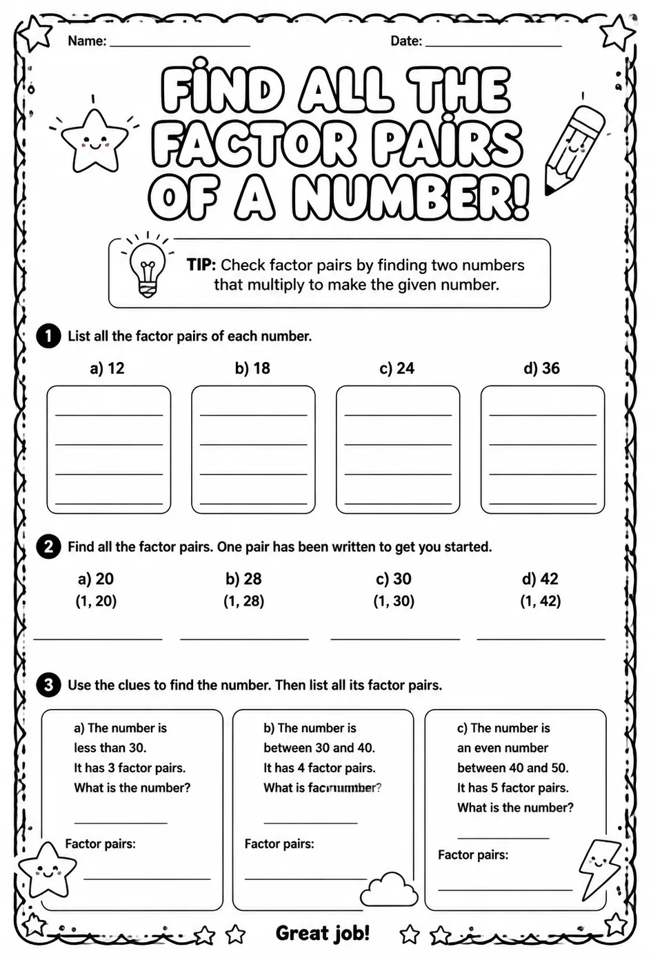 Find all the factor pairs of a number — free printable Grade 5 math worksheet
