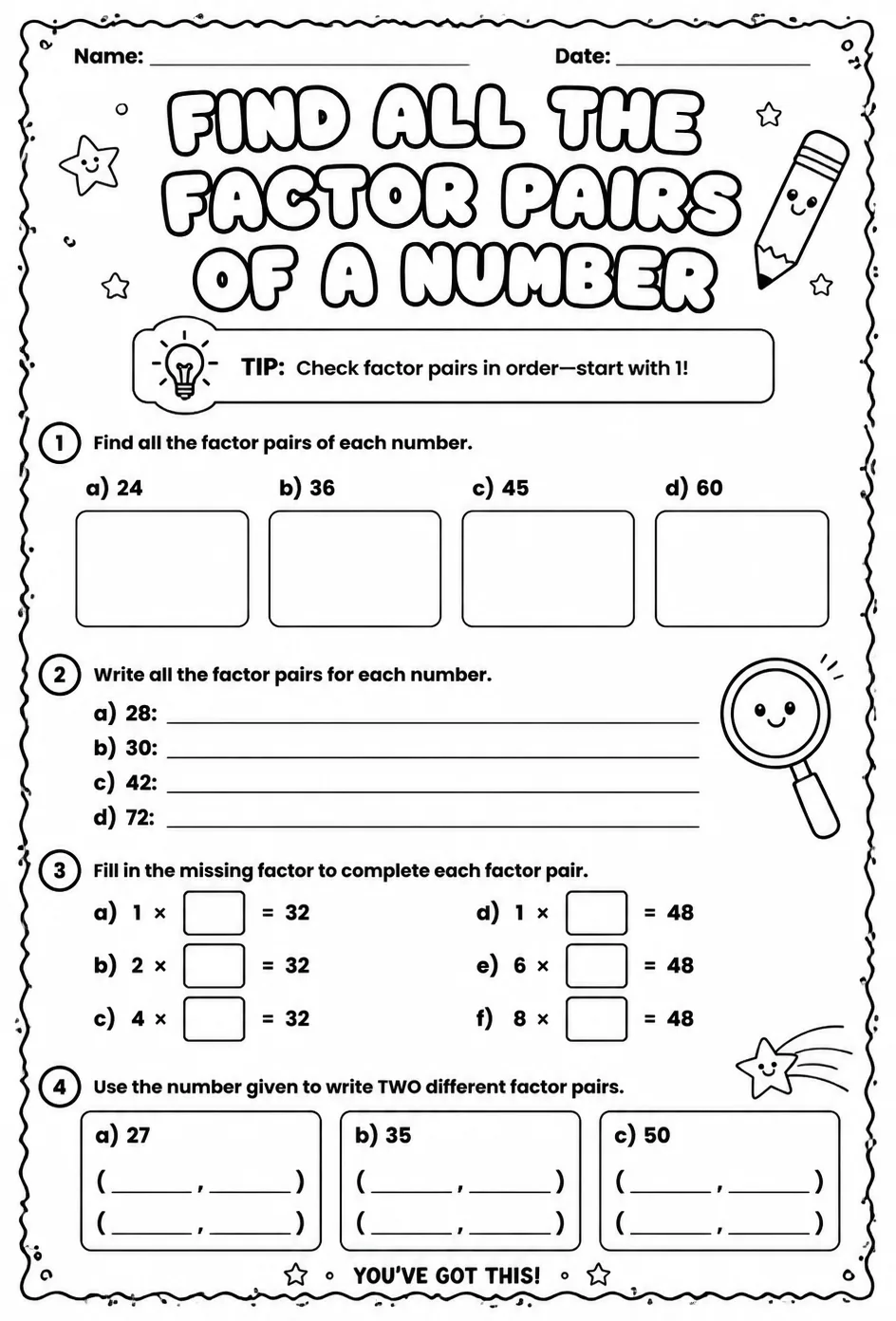 Find all the factor pairs of a number — free printable Grade 6 math worksheet