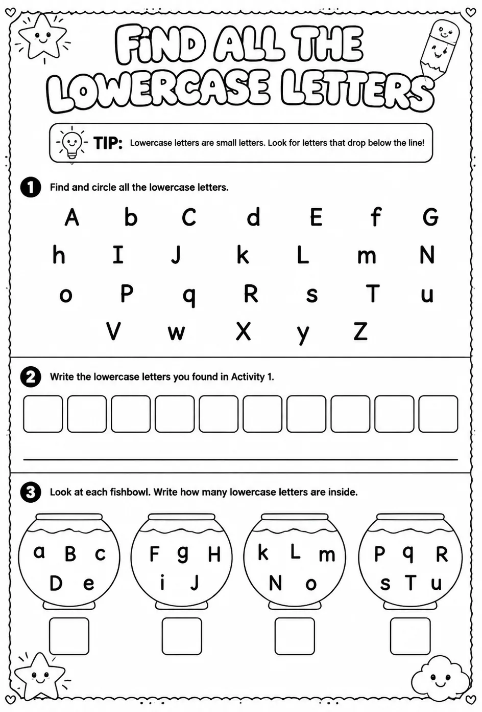 Find all the lowercase letters — free printable Pre-K English & Reading worksheet