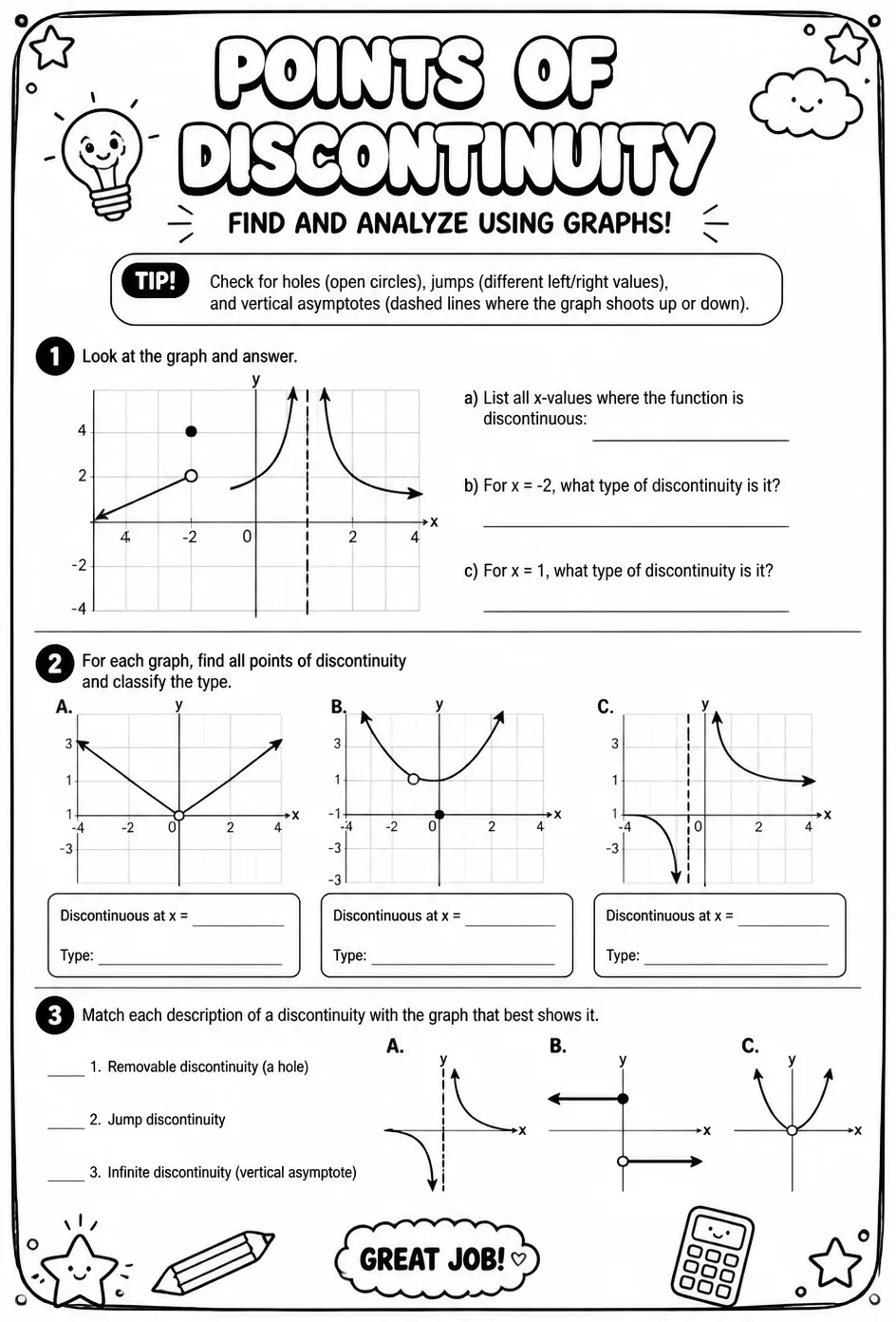 Find and analyze points of discontinuity using graphs — free printable Calculus math worksheet