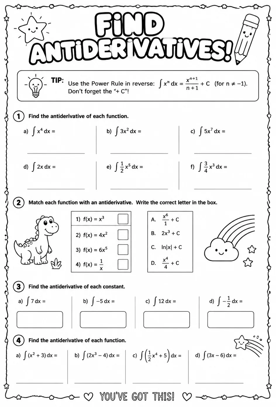 Find antiderivatives — free printable Calculus math worksheet