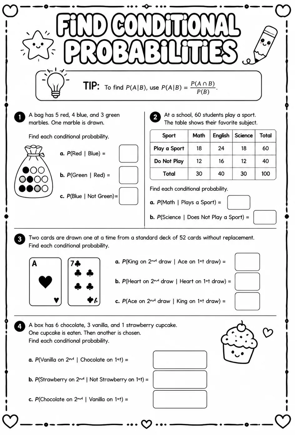 Find conditional probabilities — free printable Algebra 2 math worksheet