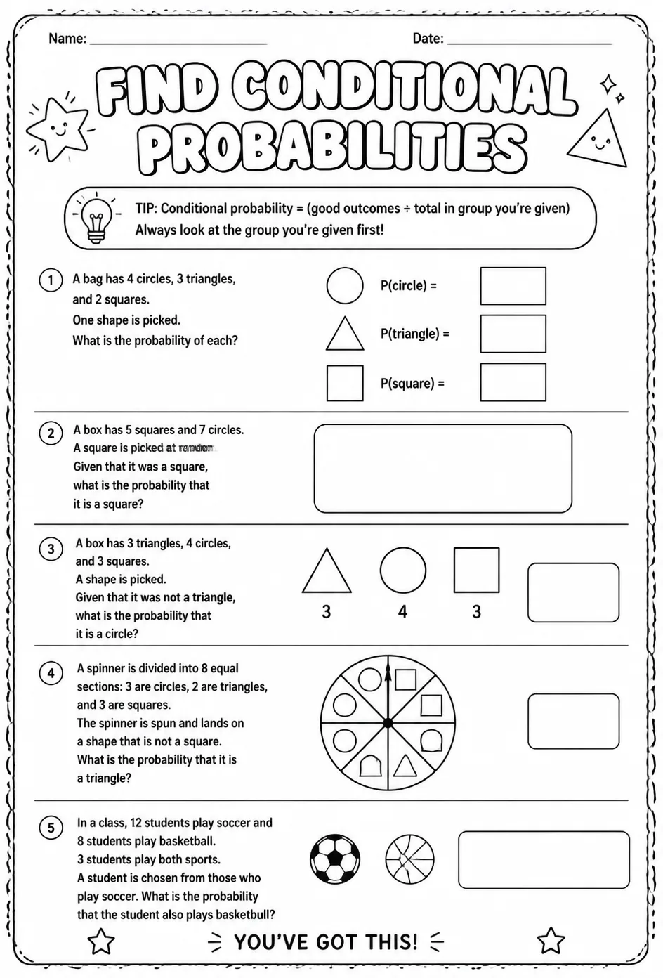 Find conditional probabilities — free printable Geometry math worksheet