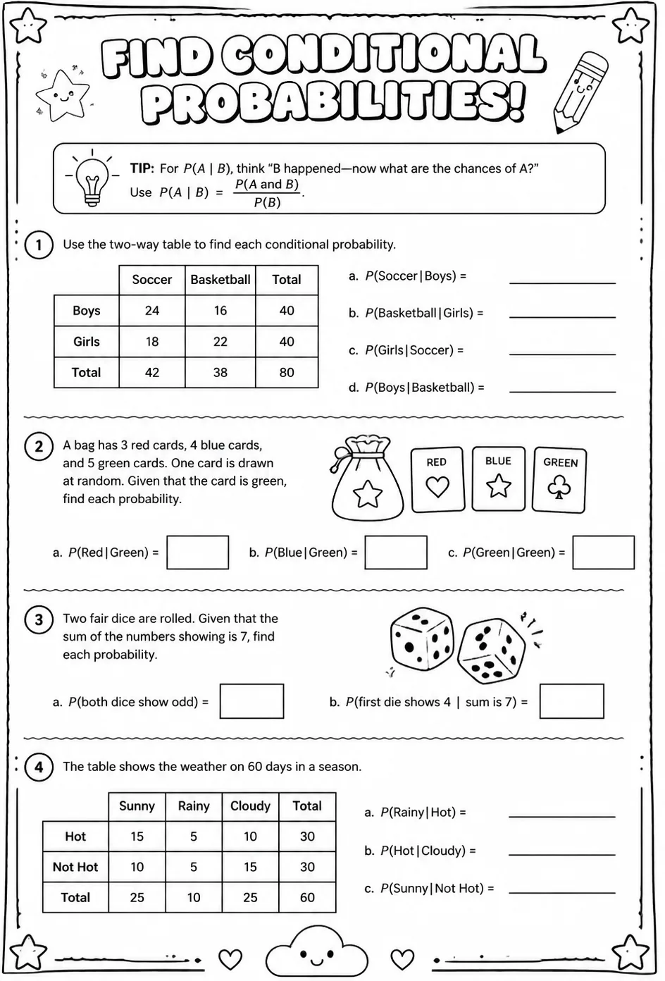 Find conditional probabilities — free printable Precalculus math worksheet