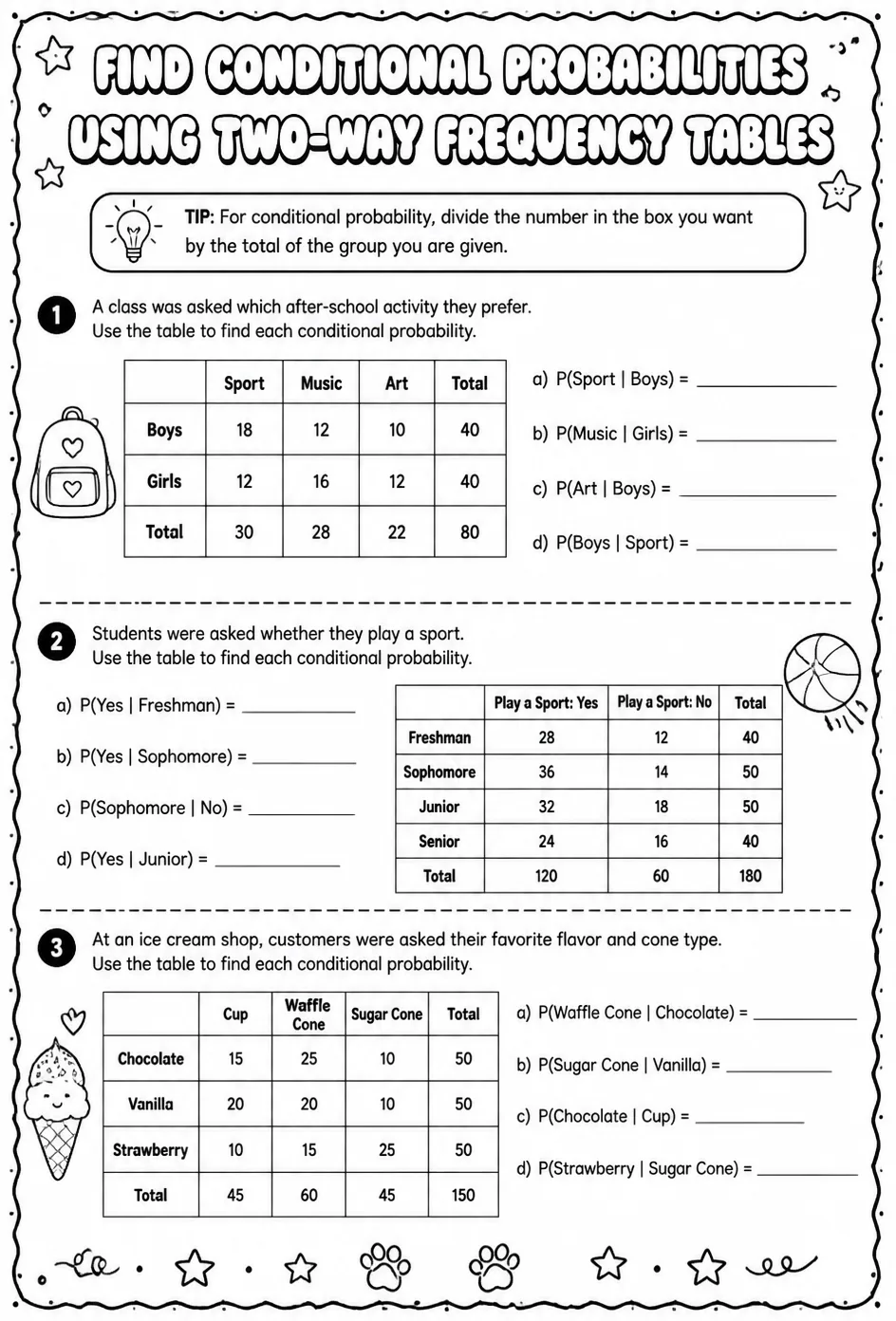 Find conditional probabilities using two-way frequency tables — free printable Algebra 1 math worksheet