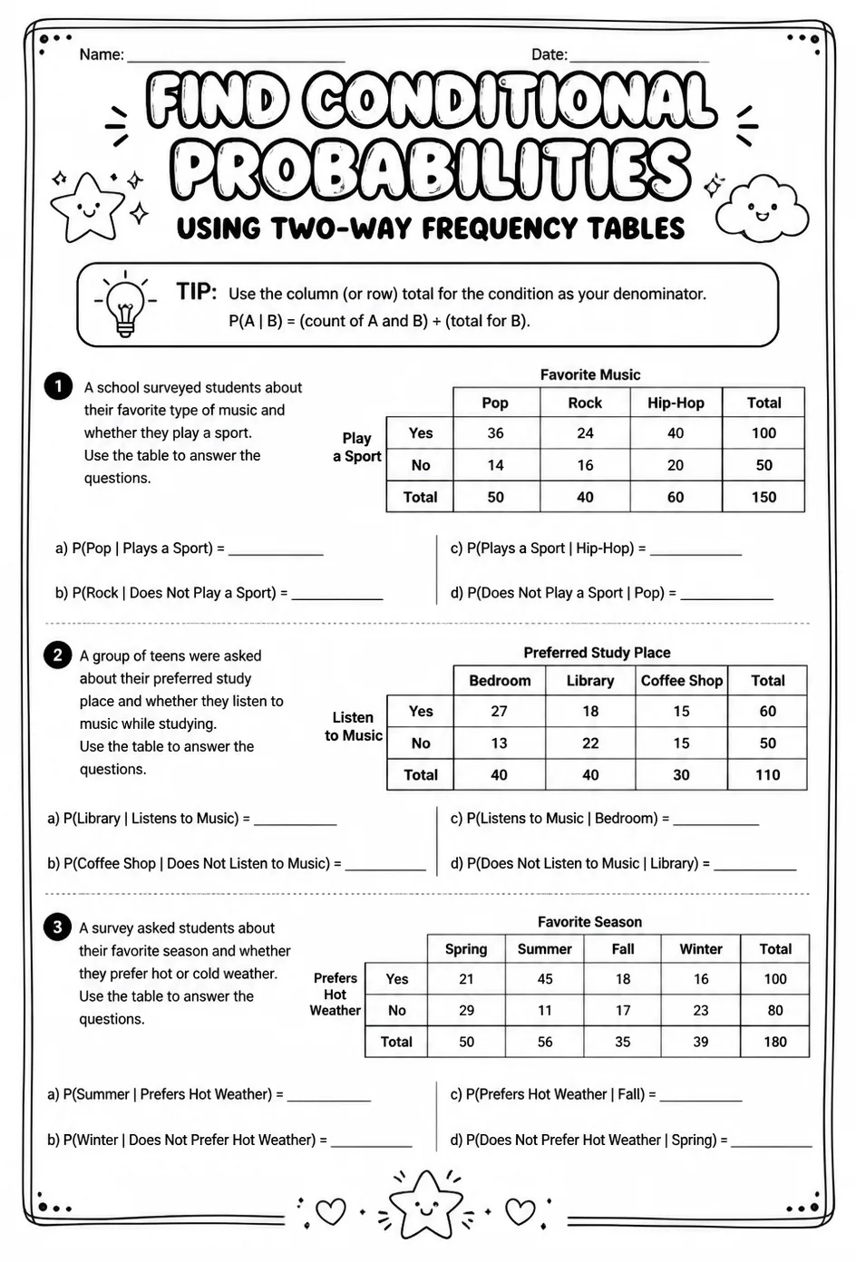 Find conditional probabilities using two-way frequency tables — free printable Algebra 2 math worksheet