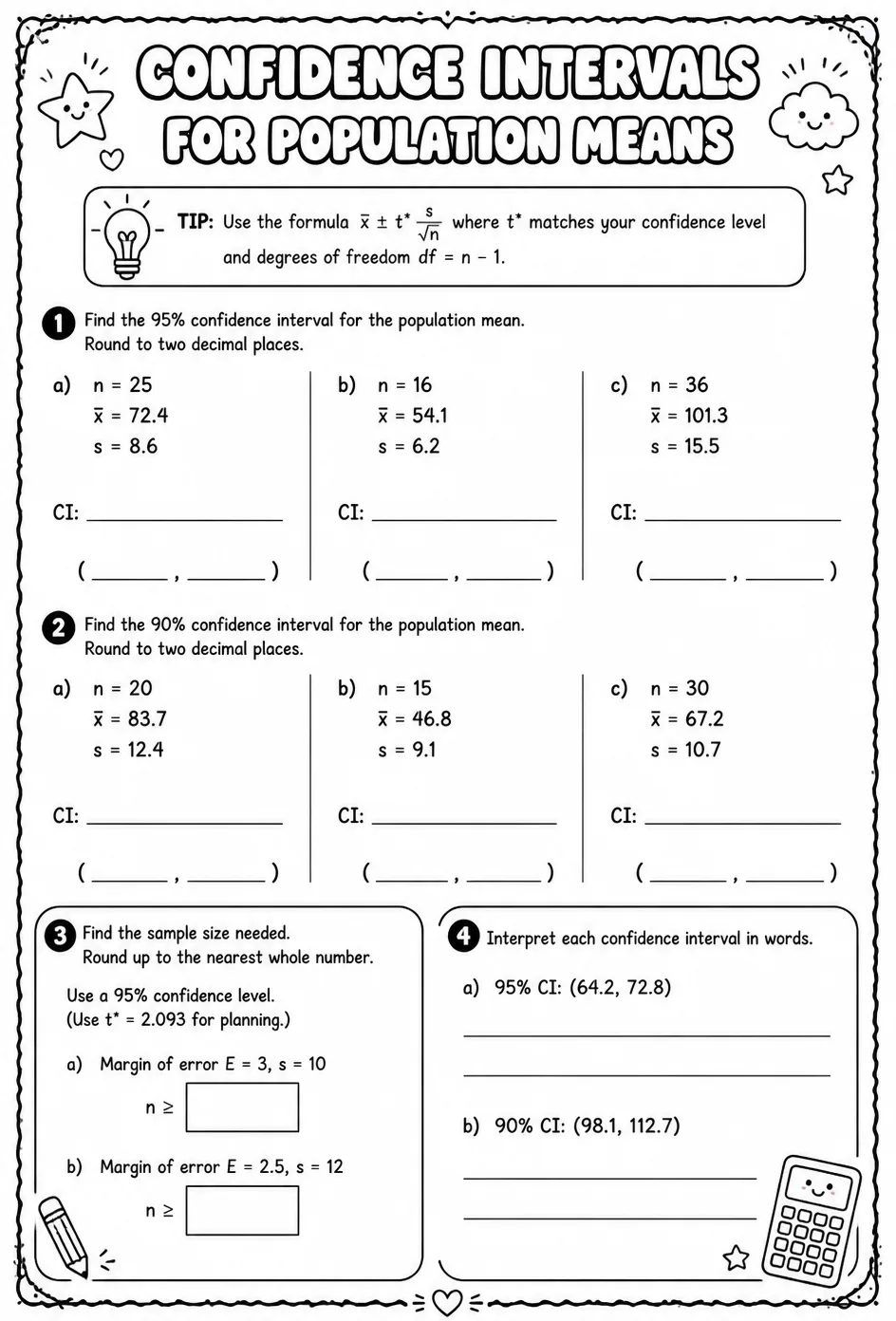 Find confidence intervals for population means — free printable Algebra 2 math worksheet