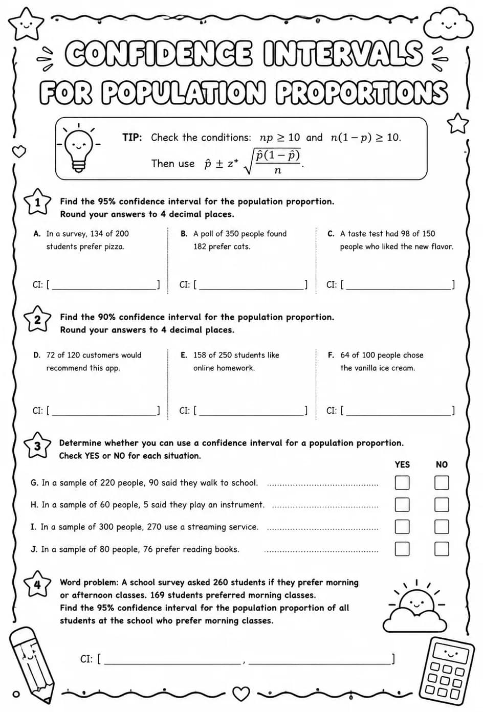 Find confidence intervals for population proportions — free printable Algebra 2 math worksheet