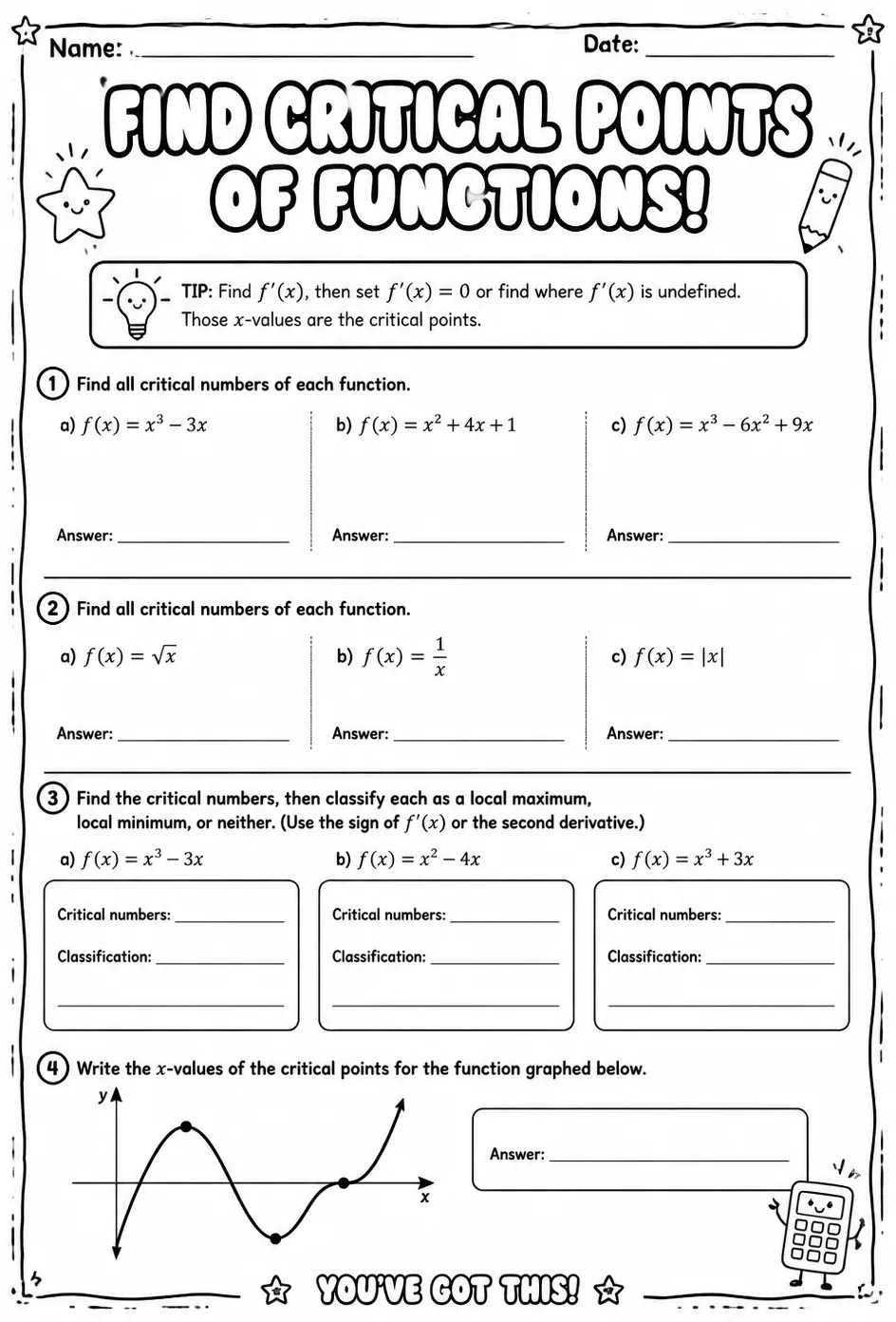 Find critical points of functions — free printable Calculus math worksheet